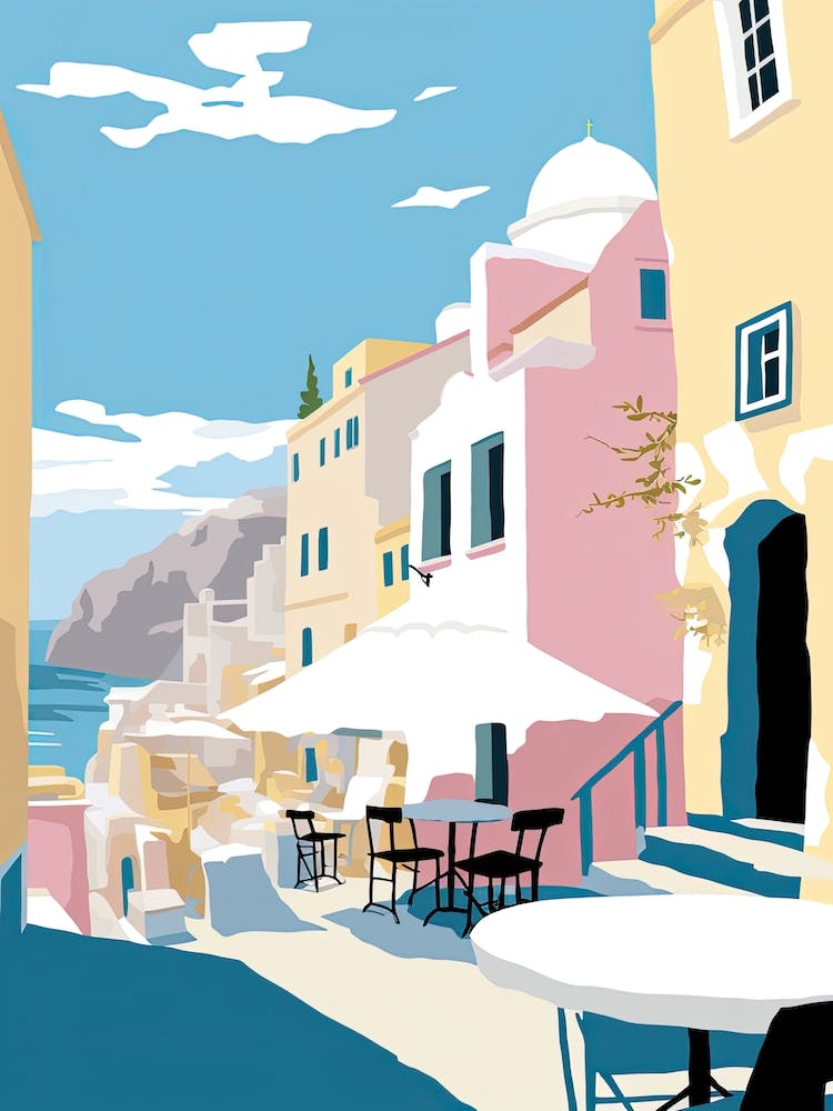Oia, Greece, Flat Pastels Tones Illustration 2