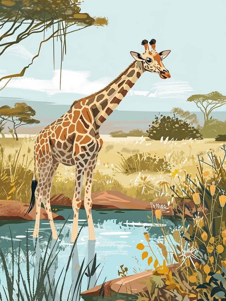 Giraffe In The Water Hole Modern Illustration 4