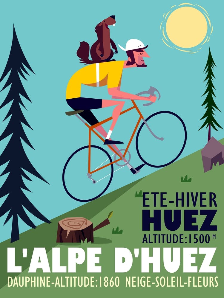 Alpe Dhuez Cyclist With Marmotte Poster Blue & Green