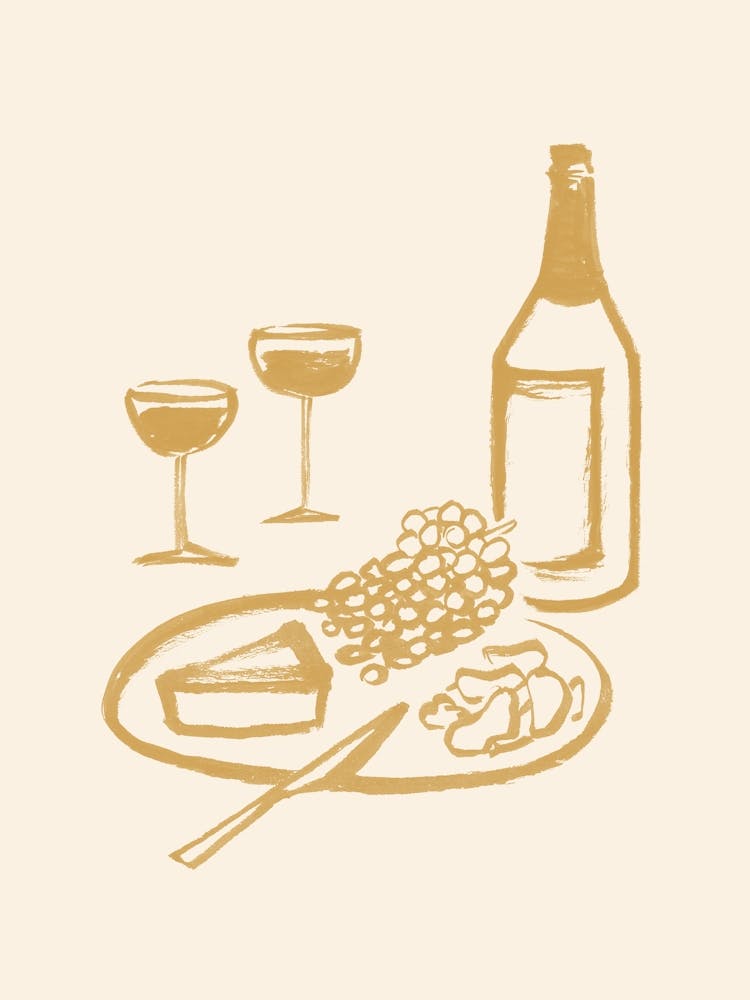 Wine and Cheese Aperitif Kitchen Illustration - Beige