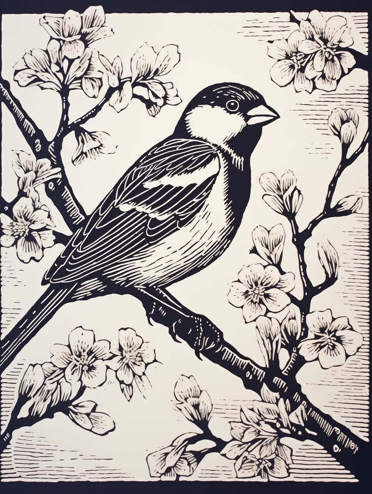 B&W Bird Linocut House Sparrow 1