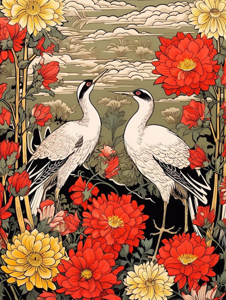 Cranes In Daisies 2 Vintage Japanese Botanical