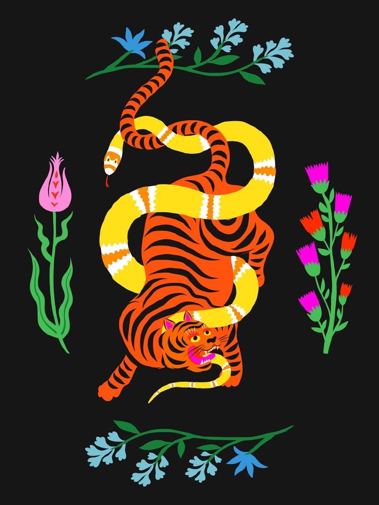Tiger And Snake Battle Flowers