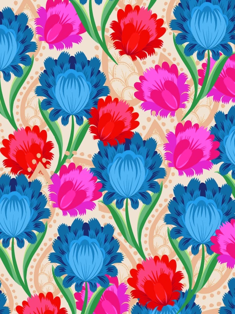 Stilisiertes Blumenmuster Rot & Blau