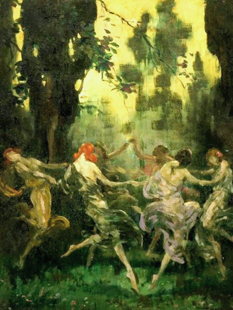 Ladies Dancing by Warren B. Davis - Hexenhaftes vom Zirkel heidnischer Hexen Nymphen nackt im Wald Märchenhafte Hexerei Vintage viktorianisches Ölgemälde