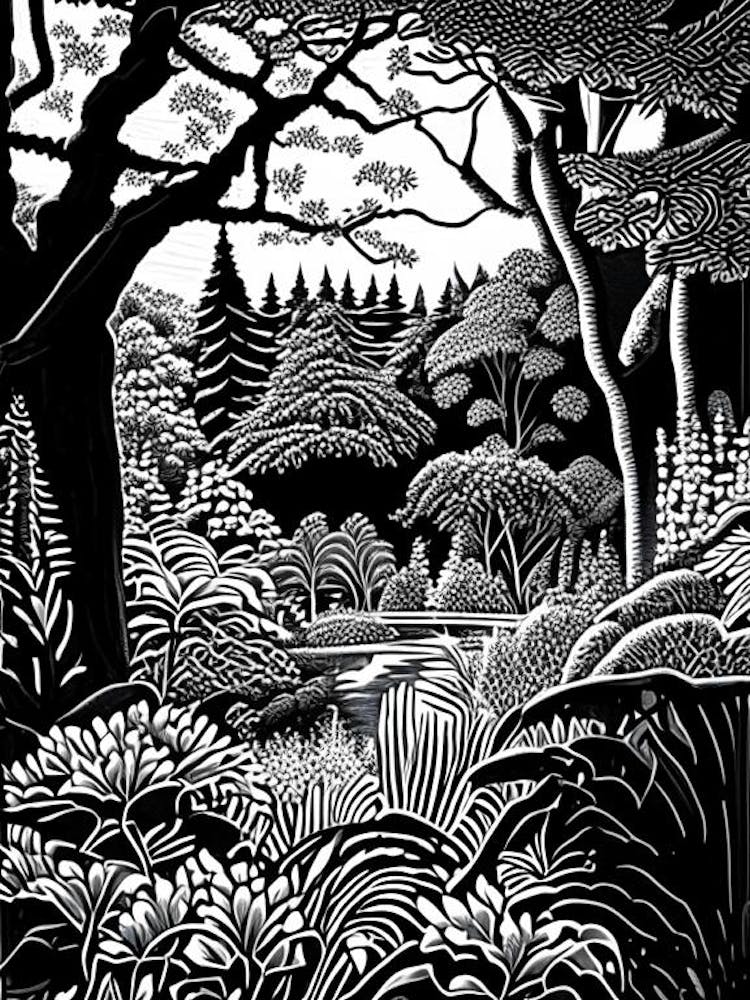 Vandusen Botanical Garden, Canada Linocut Black And White Vintage