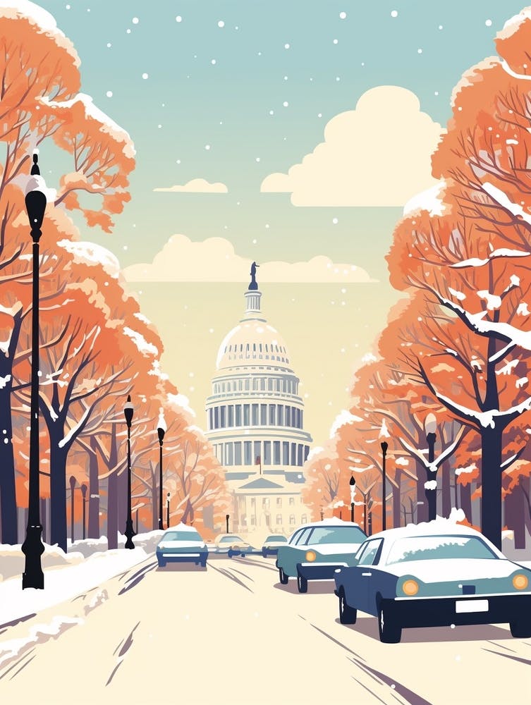 Vintage Winter Travel Illustration Washington Dc Usa 2