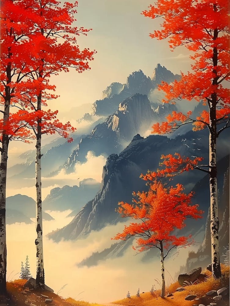 Red Maple Trees And Mountains
