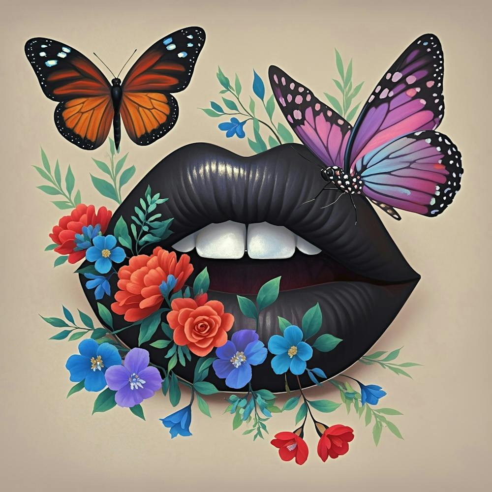 Lips With Butterflies And Flowers