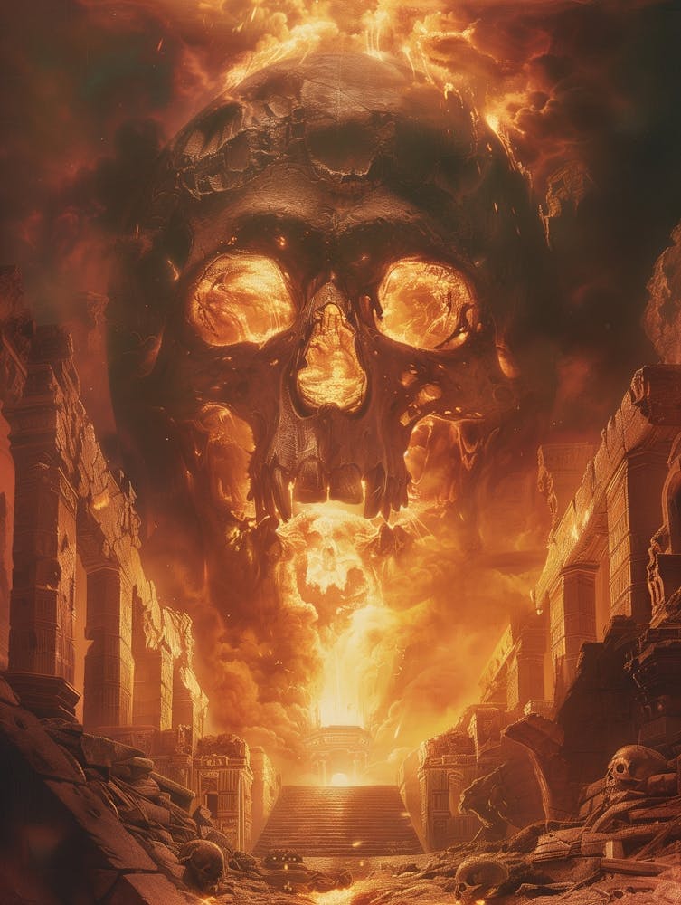 Retro Pc Cover Art From Game, Ancient Architecture, Flames, Skulls, Symmetrical Composition, The Tombs Of Torment