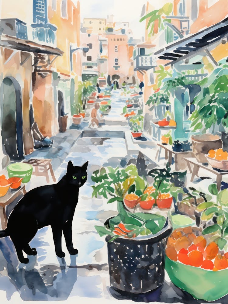 Food Market With Cats In Amalfi 4 Watercolour
