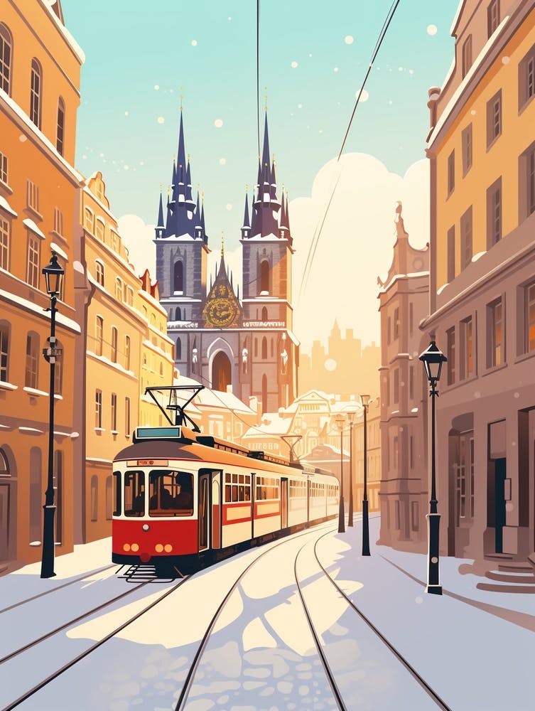 Vintage Winter Travel Illustration Prague Czech Republic 3