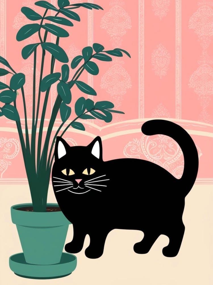 Chat Noir Avec Plante en Pot