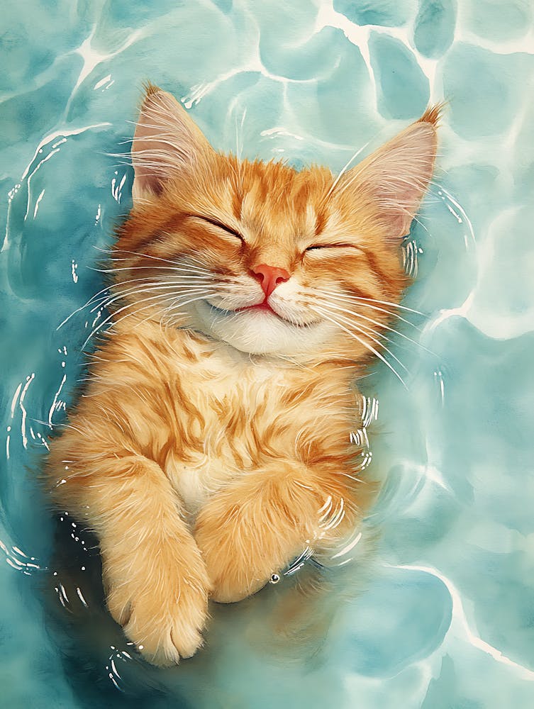 Glückliche orange Katze auf dem Wasser schwebend 3
