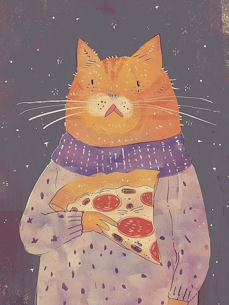 Happy Orange Cat Pizza Lover Folk Illustration 2