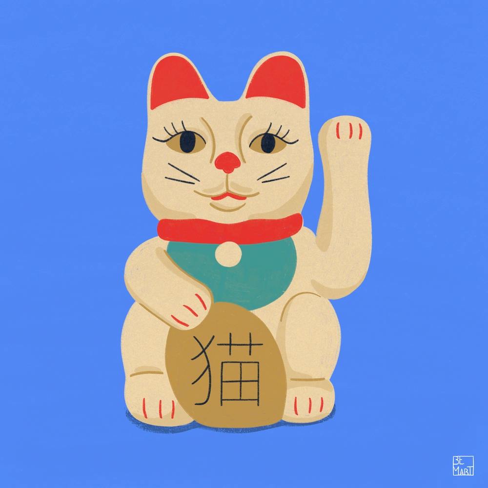 Maneki Neko Cat On Blue Square