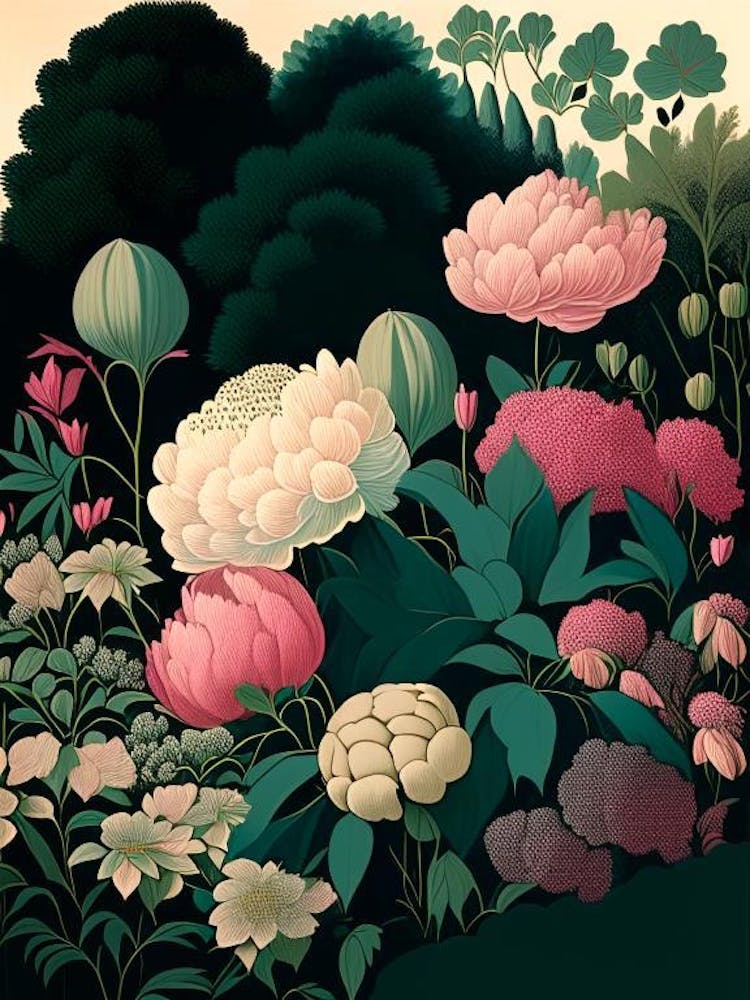Mass Plantings Of Peonies 4 Colourful Vintage Sketch