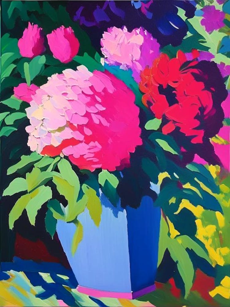 Container Of Peonies In Garden Colourful Painting