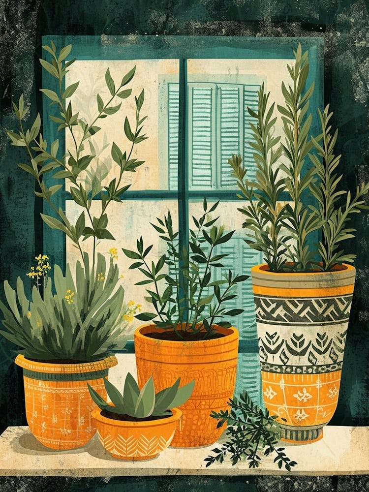 Sweet Illustrations Of Potted Herbs On The Windowsil 1