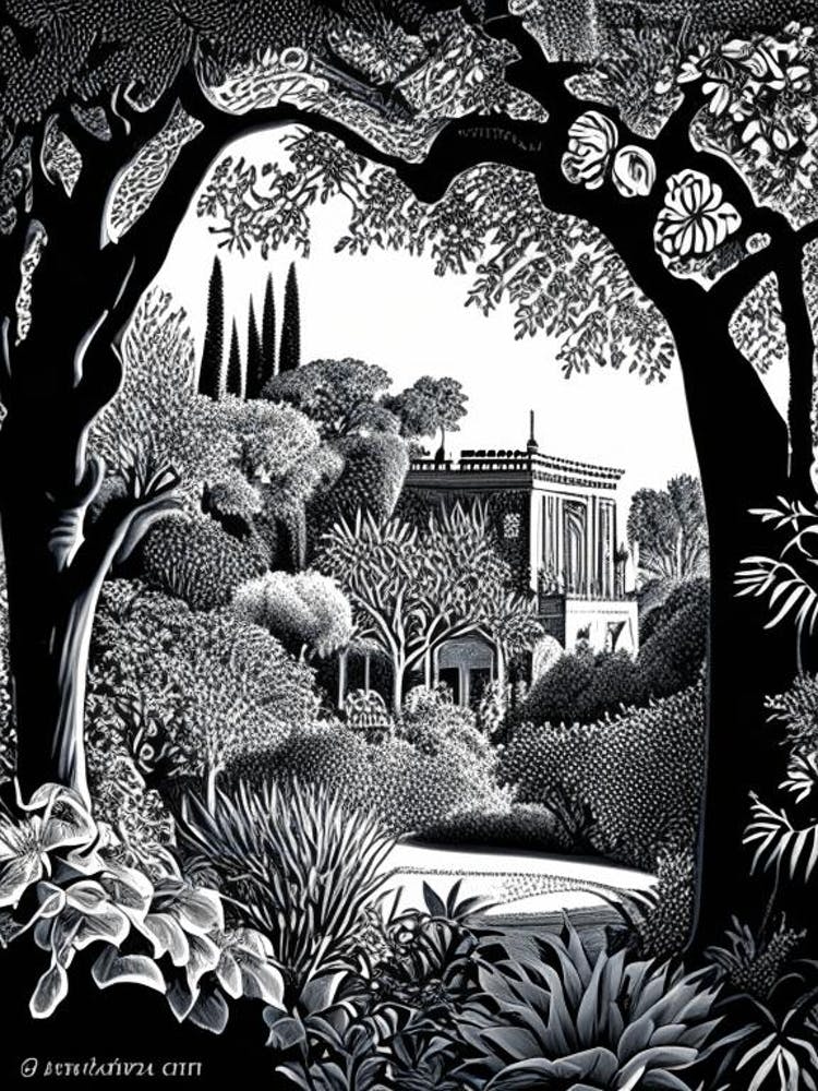 Generalife Gardens, 1, Spain Linocut Black And White Vintage