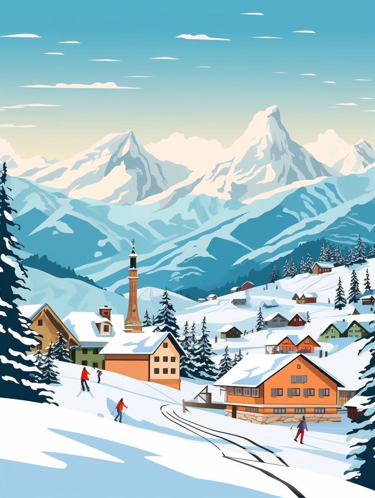 Retro Winter Illustration Lech Austria