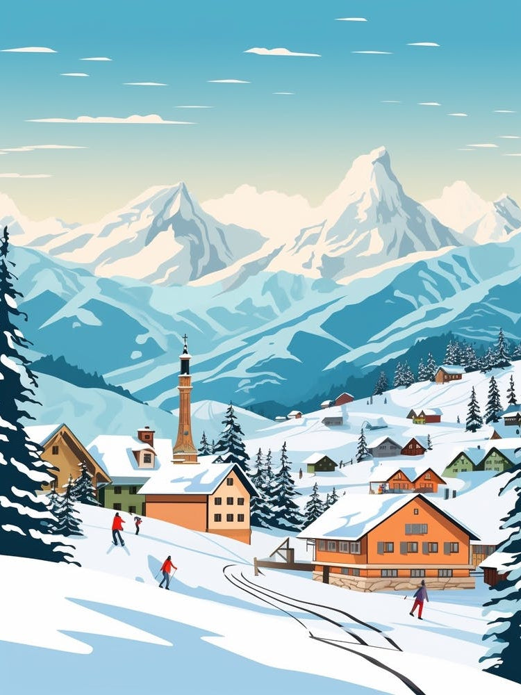 Retro Winter Illustration Lech Austria