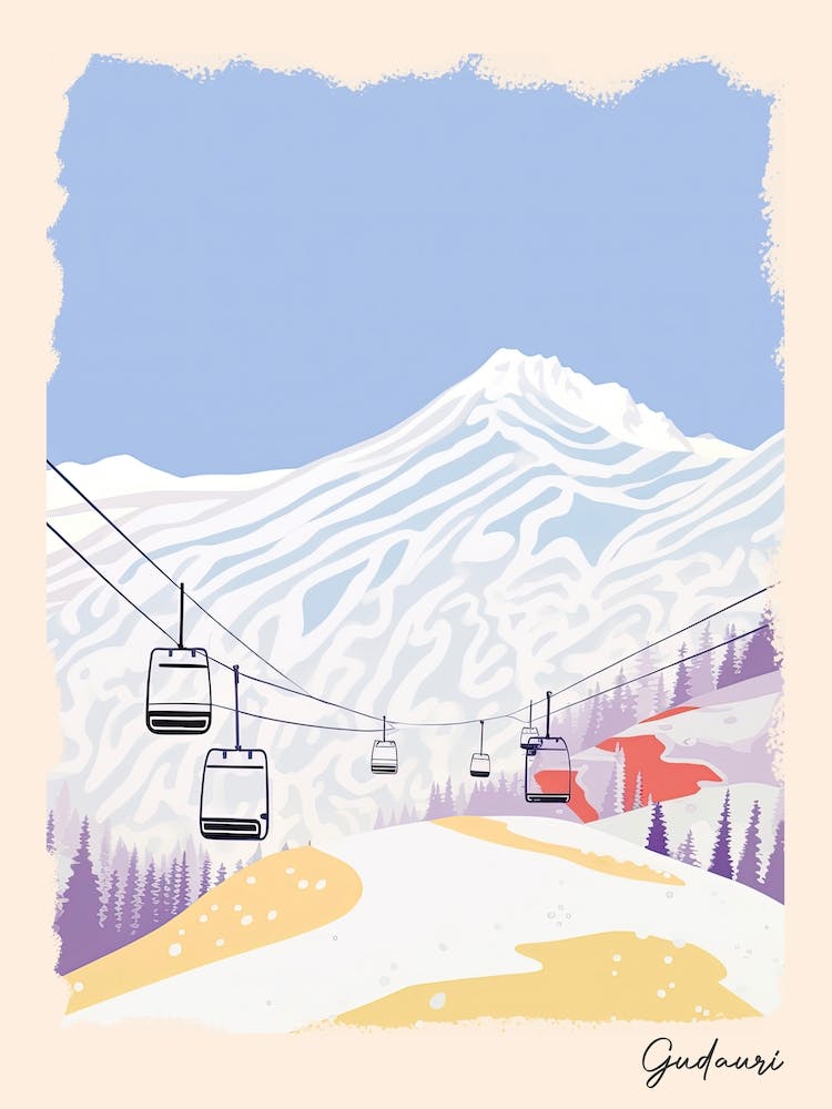 Poster Of Gudauri   Georgia, Ski Resort Pastel Colours Illustration 0