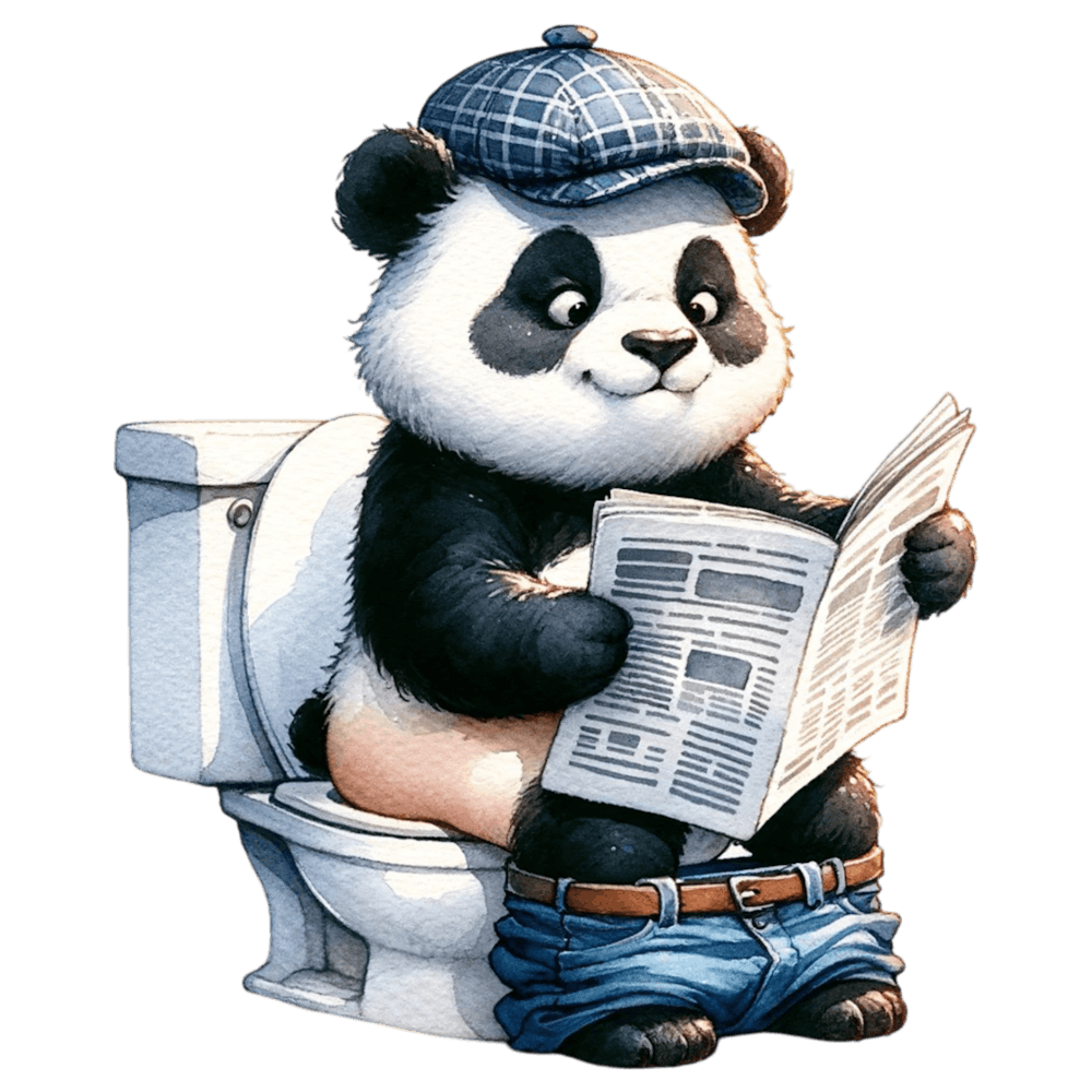 Panda Bear Reading Newspaper on Toilet
