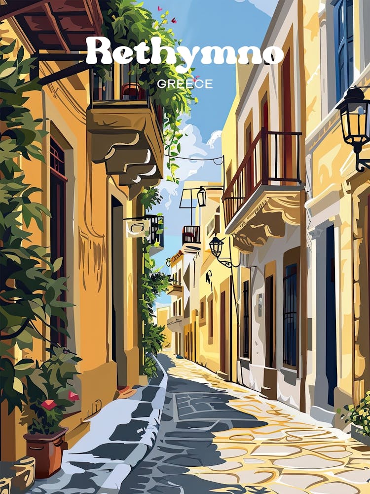 Rethymno Greece Street Digital Travel Illustration