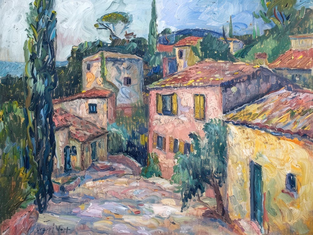 Serenes Straßenbild Gemälde Inspiriert Von Paul Cezanne
