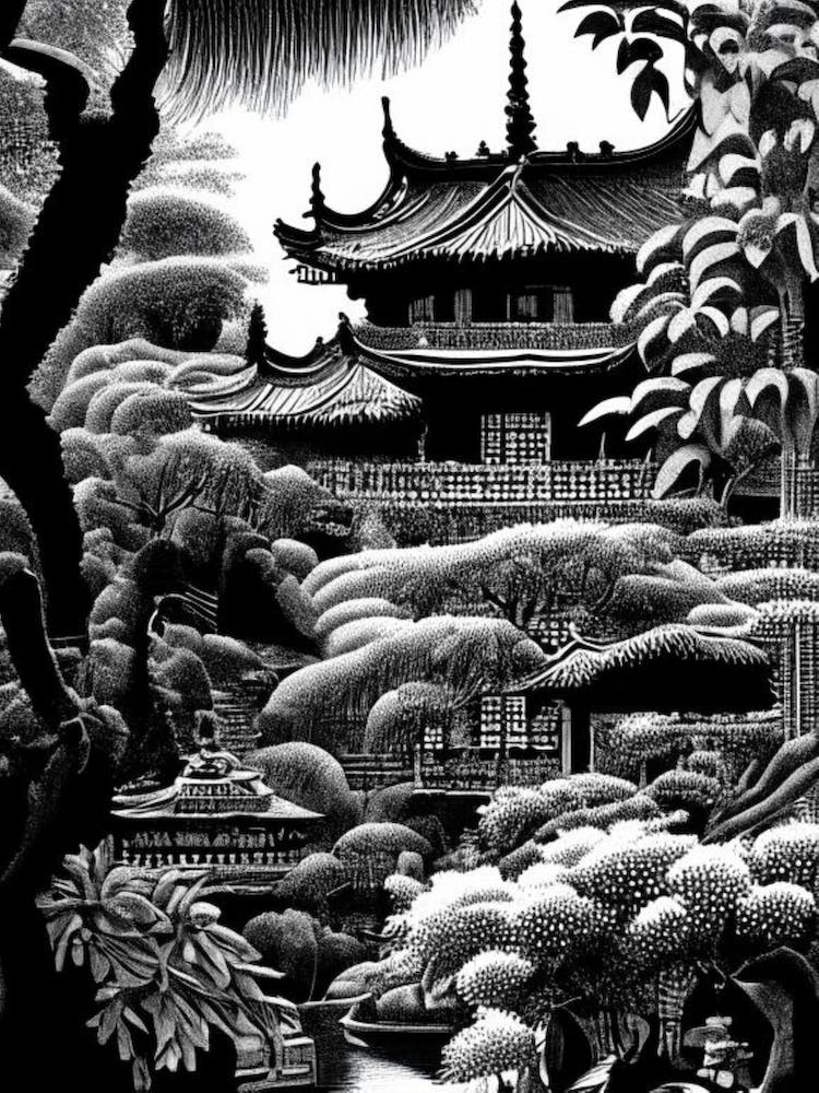 Yuyuan Garden, China Linocut Black And White Vintage