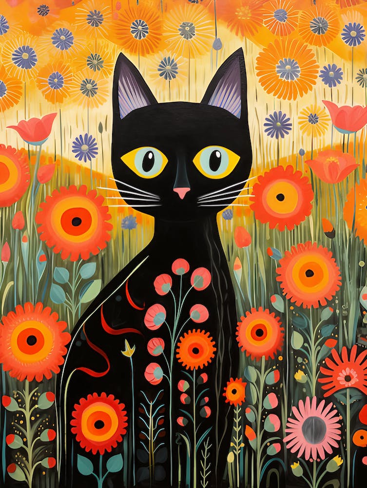 Black Cat In A Flower Field 1