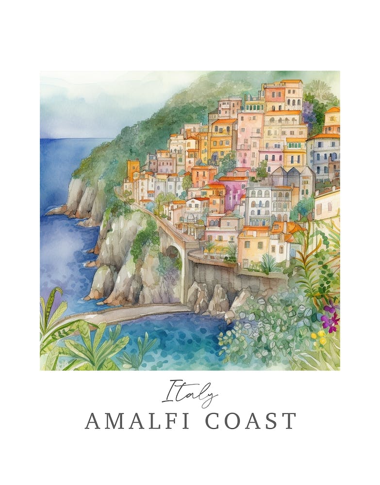 Italy	Amalfi Coast Storybook 1 Travel Poster Watercolour