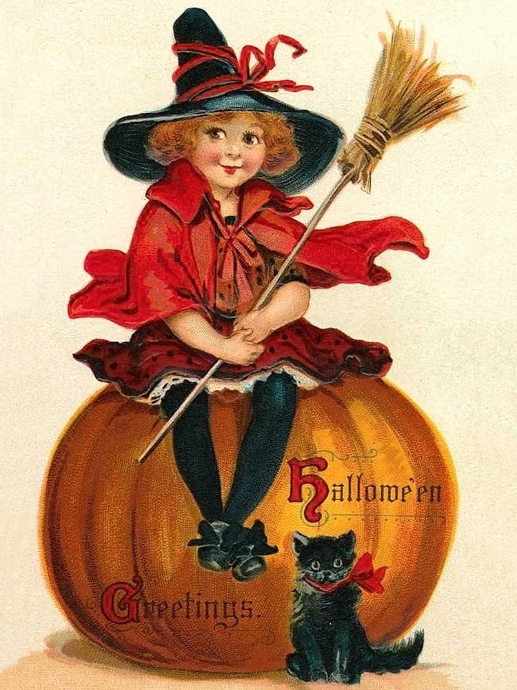 Cute Little Witch Sitting On A Pumpkin And A Black Cat