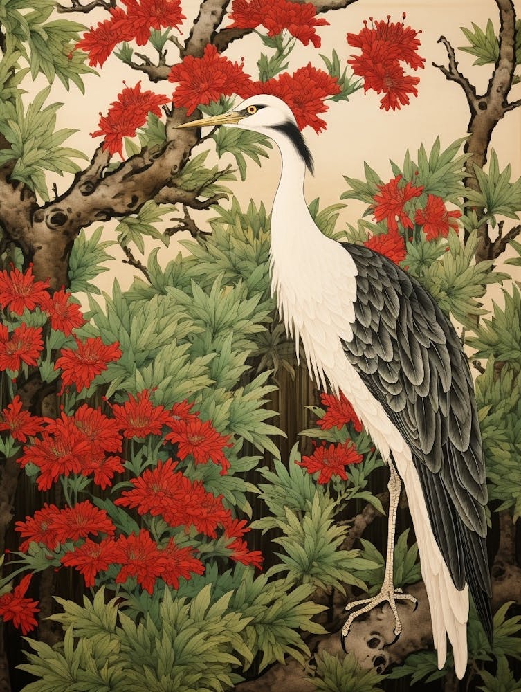 Woodland Sage And Bird 2 Vintage Japanese Botanical