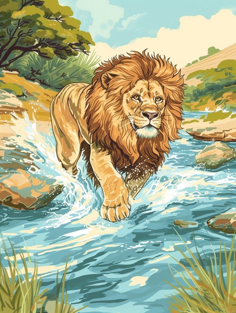 Barbary Lion Crossing A River Illustration 4