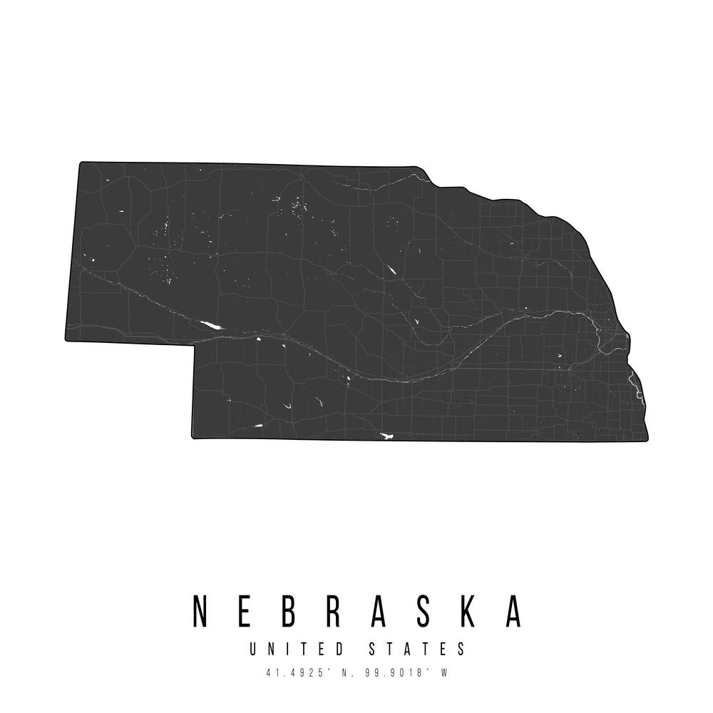 Nebraska Mono Black And White Modern Minimal Street Map Square