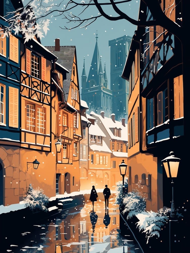 Winter Travel Night Illustration Colmar France 2
