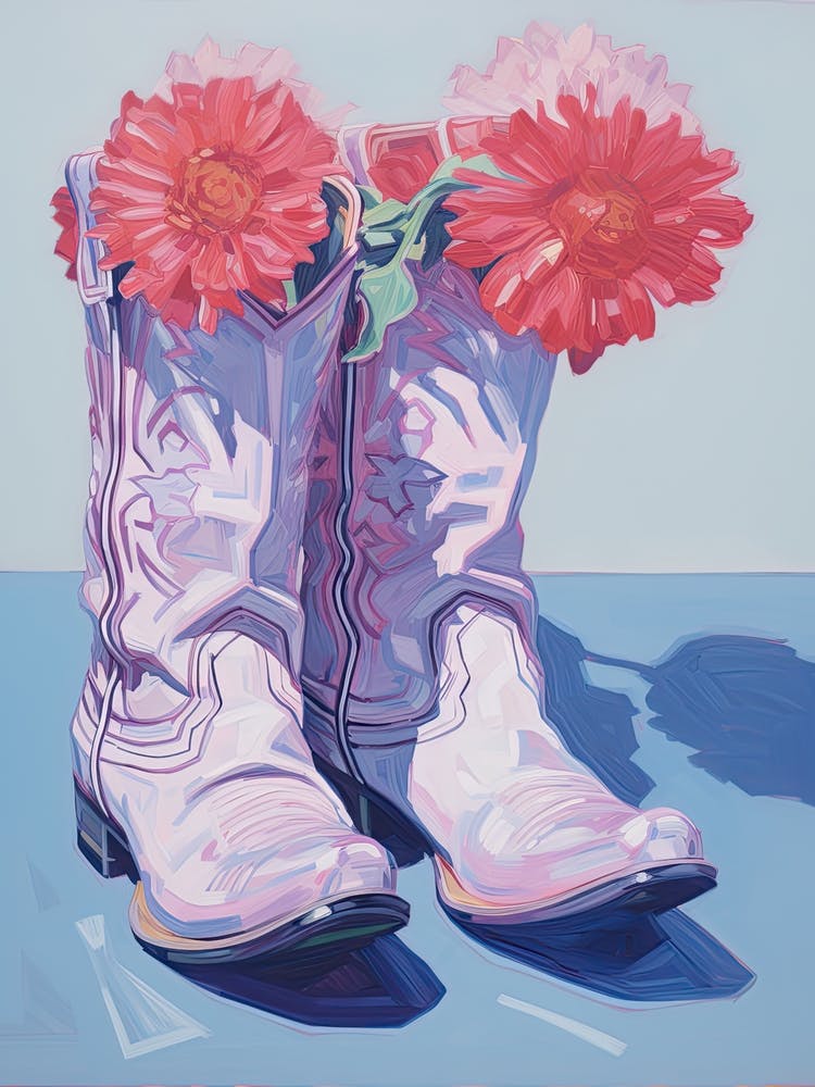 A Painting Of Cowboy Boots With Orange Flowers, Fauvist Style, Still Life 1