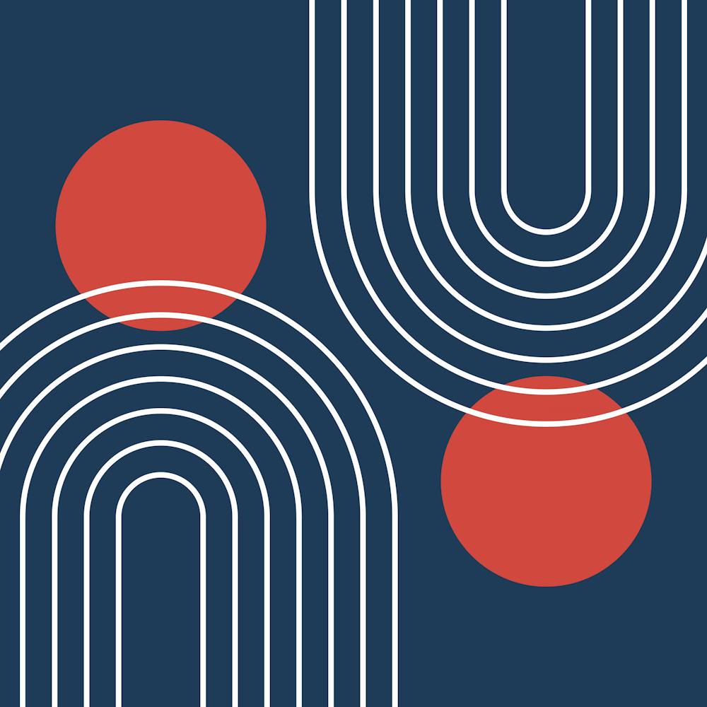 Mid Century Modern Geometric In Navy Blue And Clear Red (Rainbow And Sun Abstract) 02