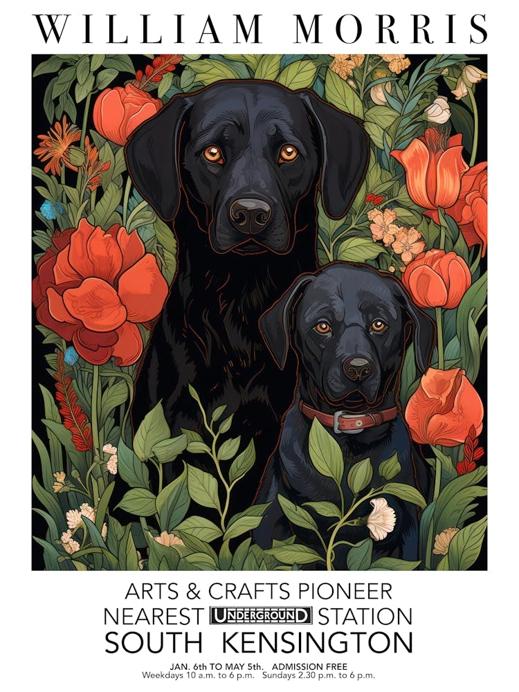 William Morris Print Black Dog Puppy Portrait Valentines Mothers Day Gift Botanical