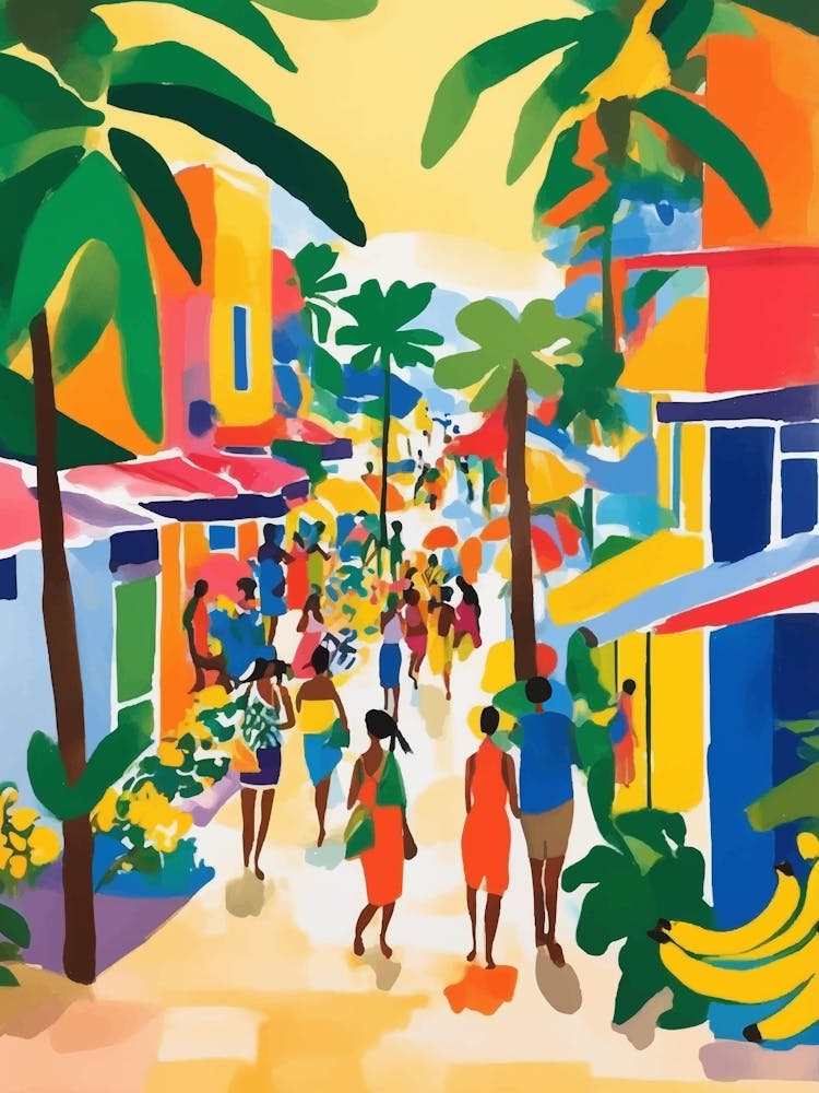 People walking tropical beach street