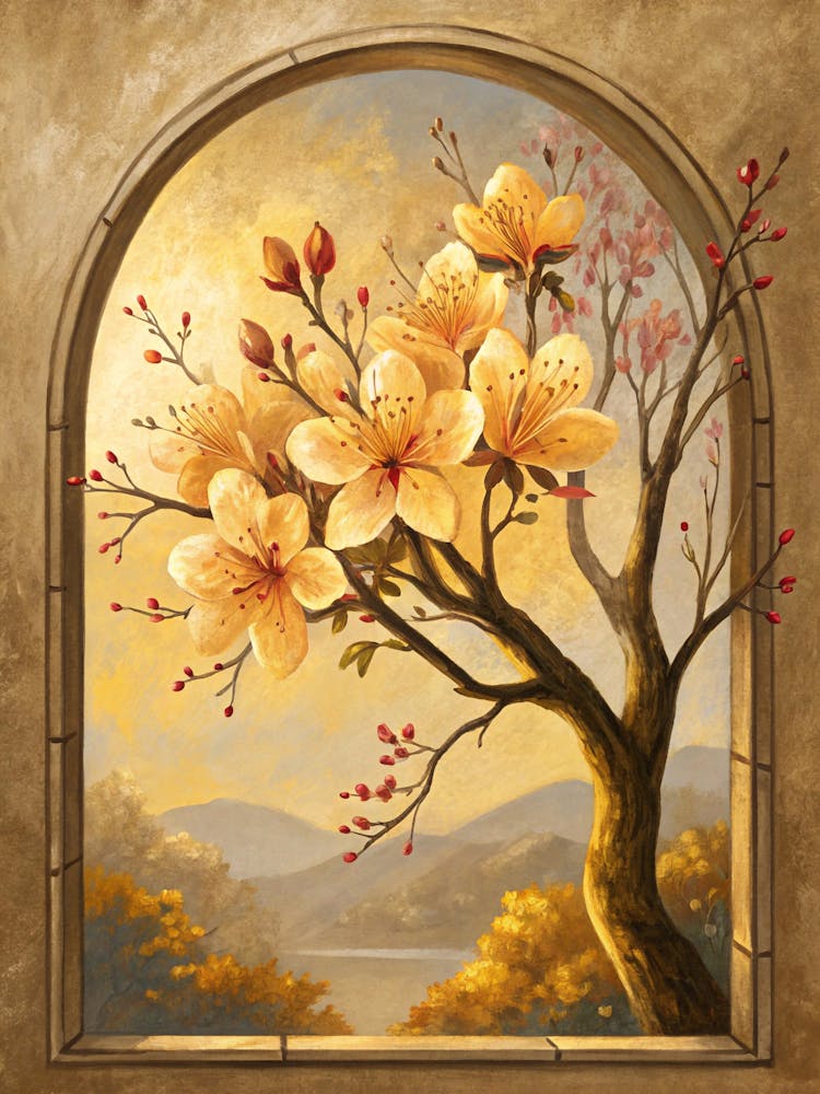 Oil Painting Style Golden Blossom Silhouette