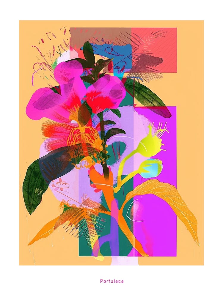 Portulak 3 Neon Blumen Collage Plakat