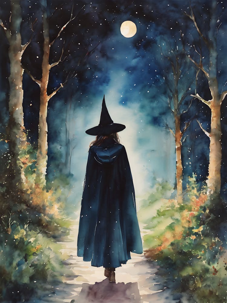 A Witch and the Full Moon - Watercolor Witchy Art for Witchcraft Feature Wall - Wicca Pagan Fairytale Goth Dark Aesthetic Lunar Goddess Magick Walking Through the Woods at Night HD