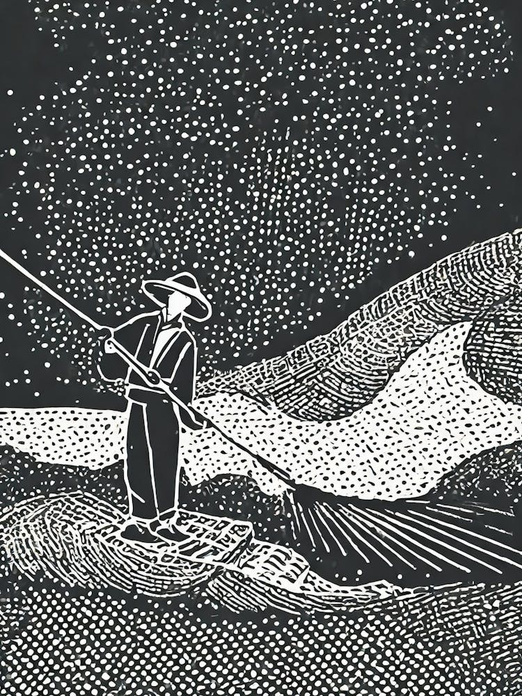 A Japanese Fisherman Casting A Net At Twilight Ukiyo-E Style