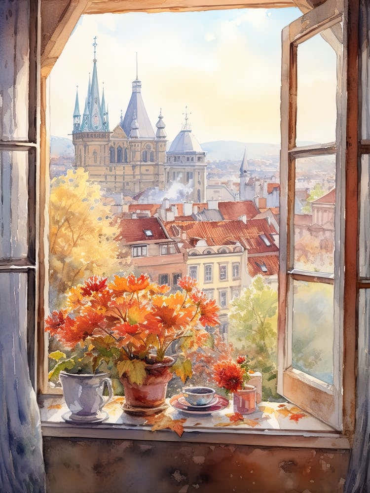 Window View Of Prague Czech Republic In Autumn Fall, Watercolour 4