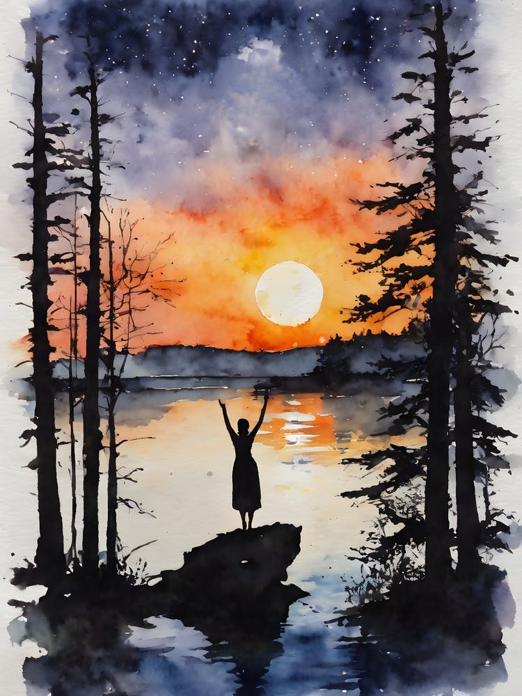 Sunset By The Lake - Full Moon Abundance Adoration Gratitude Contemplating Serenity Calm Yoga Meditating Spiritual Grounding Heart Open Buddhist Indian Travel Guidance Wisdom Peace Love Witchy Beautiful Watercolor Woman Trees Blue Silhouette