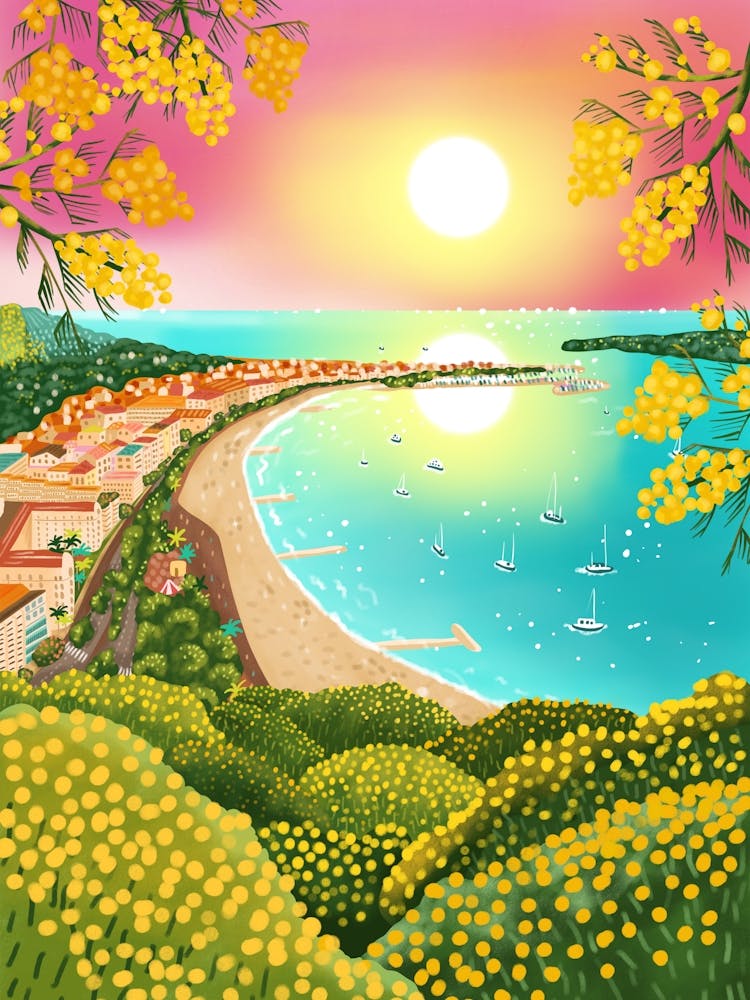 Europe France Cannes Provence Bay View of Beach and Sea and Bright Yellow Mimosa blooming in February.