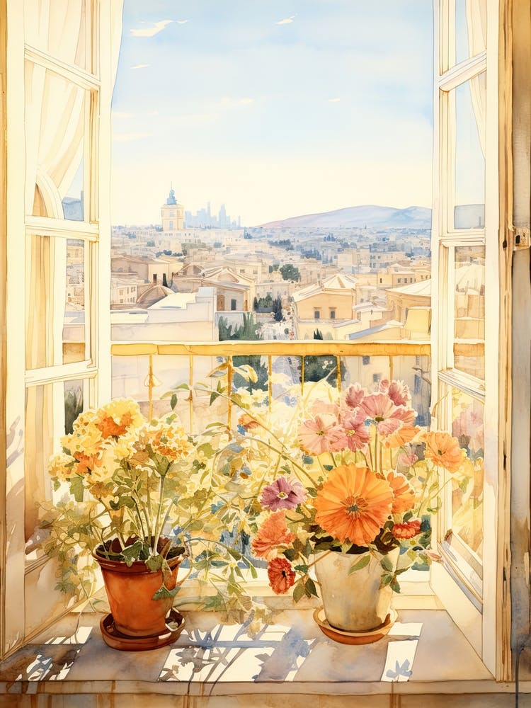 Fensterblick auf Athen Griechenland Im Herbst, Aquarell 1